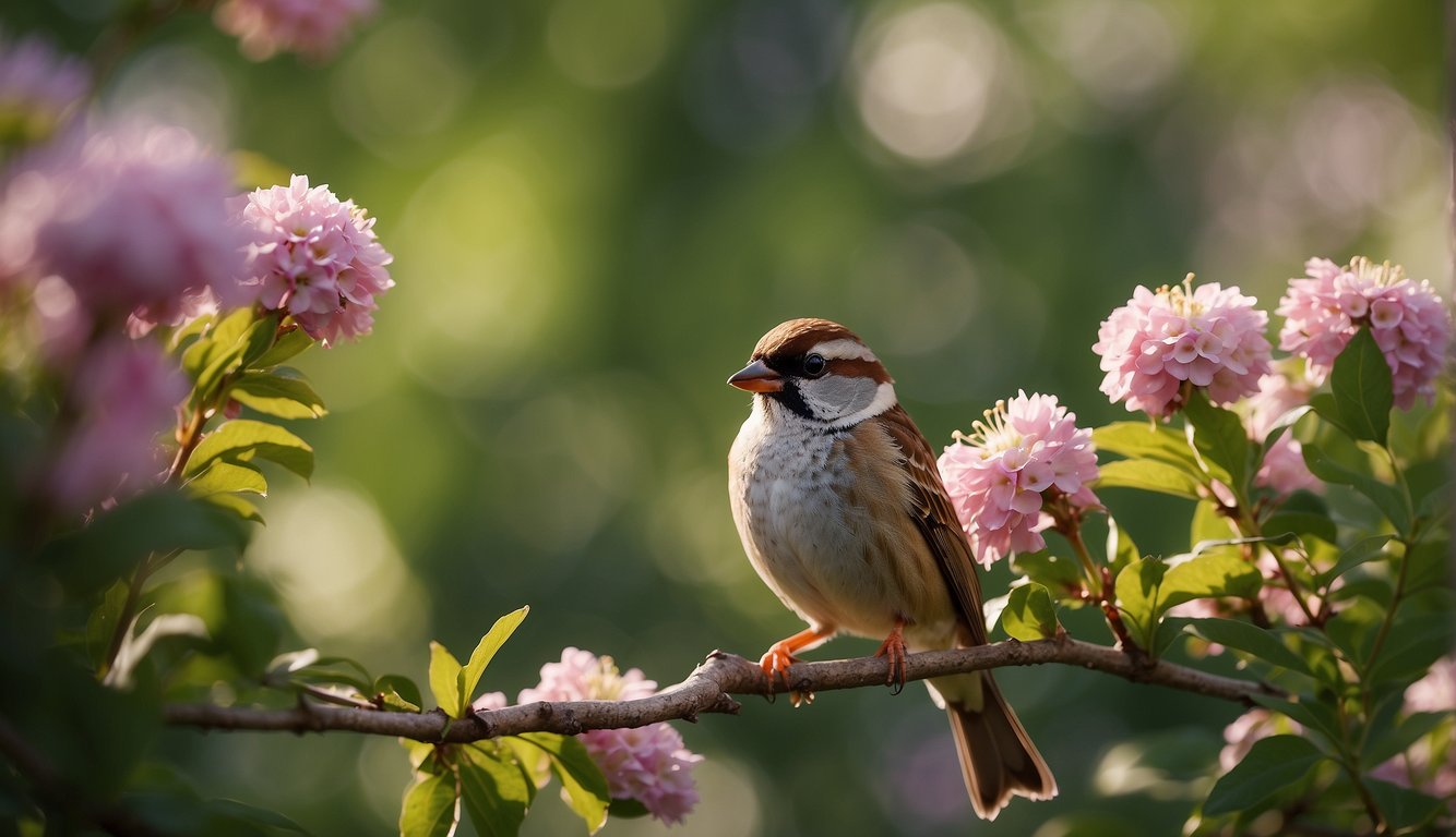 A small sparrow perches on a blooming branch, surrounded by vibrant flowers and lush greenery.

Its feathers glisten in the sunlight as it chirps happily
