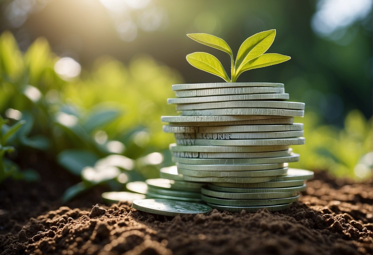 A stack of money grows in a garden, symbolizing effective savings strategies for African Americans seeking financial independence and early retirement
