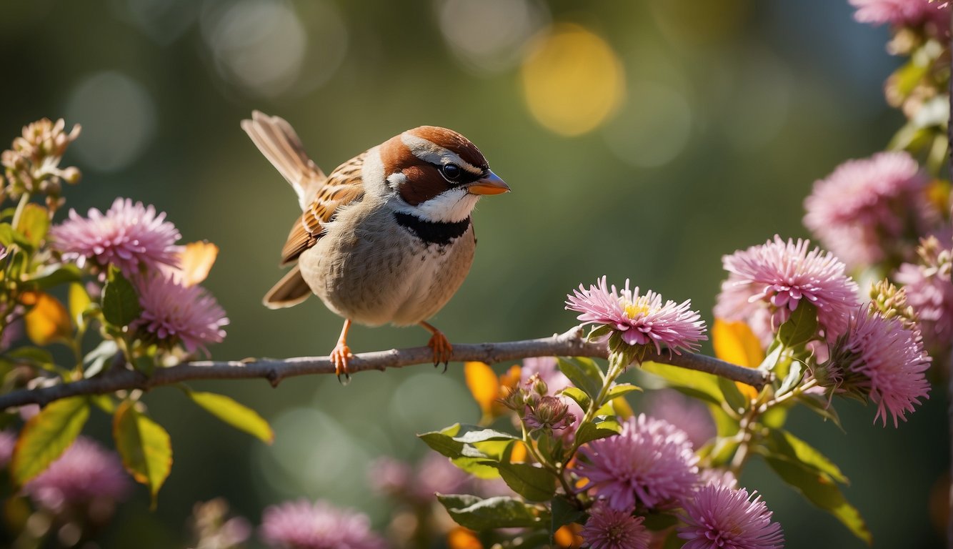 A sparrow perched on a branch, surrounded by colorful flowers and fluttering butterflies.

The sun is shining, and the sparrow is chirping happily