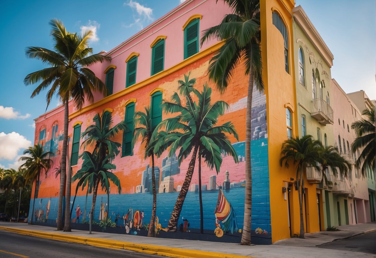 Colorful buildings line the streets, with palm trees swaying in the breeze. A vibrant mural depicts Miami's rich history and culture, while children play in a nearby park