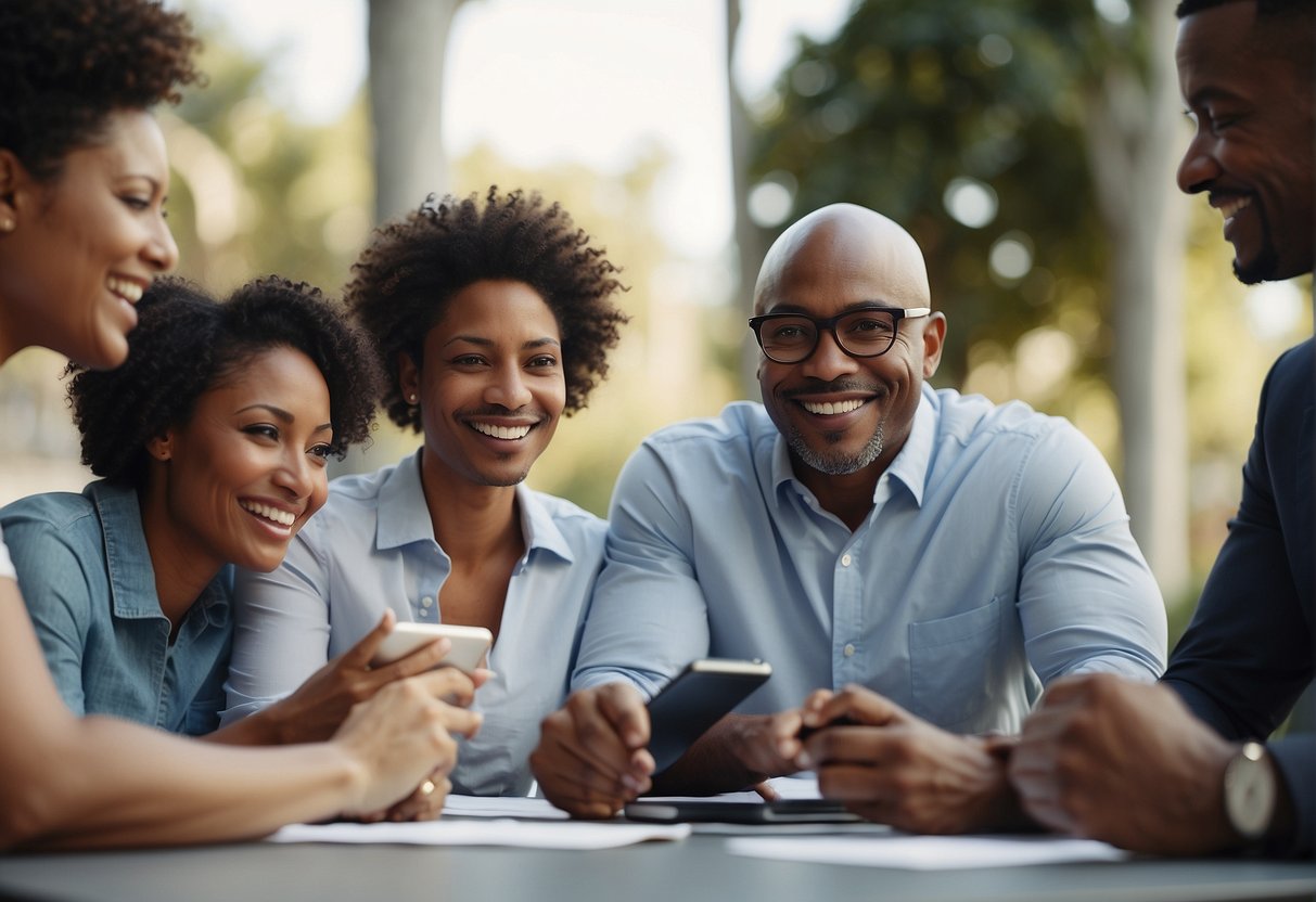 A group of African American individuals researching and discussing investment strategies for achieving financial independence and early retirement