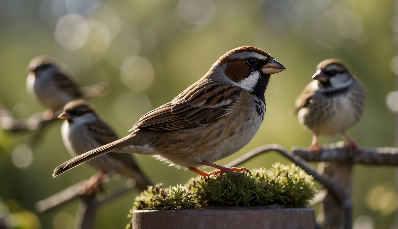 A sparrow chirps loudly, surrounded by a group of other sparrows.

They hop and flutter, their beaks open as they communicate with each other
