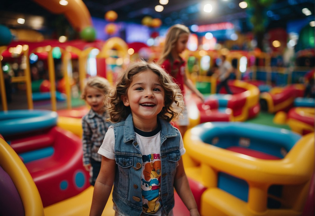 Children playing in a colorful indoor playground, surrounded by arcade games and interactive exhibits. Families enjoying live performances and immersive experiences at a vibrant entertainment venue in Miami
