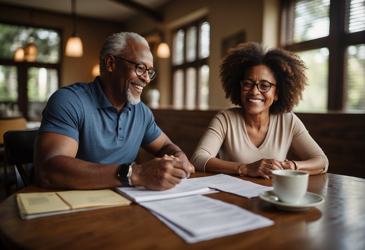 An African American couple sits at a table, reviewing retirement plans and financial documents. They smile as they envision a future of financial independence and early retirement