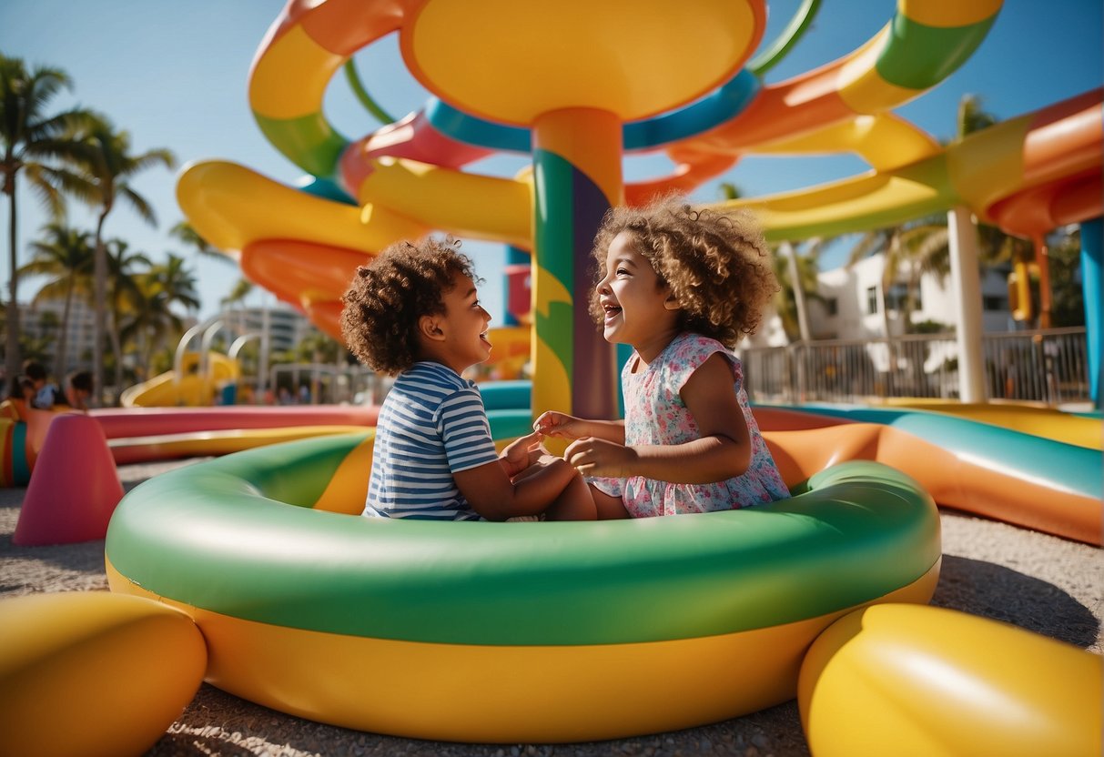 Children playing on colorful, interactive art installations at a vibrant Miami beach playground. Sunshine, palm trees, and laughter fill the air