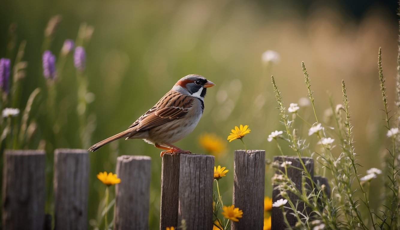 A sparrow perches on a rustic fence, surrounded by vibrant wildflowers and tall grass.

Its small, charming presence exudes a sense of resilience and determination