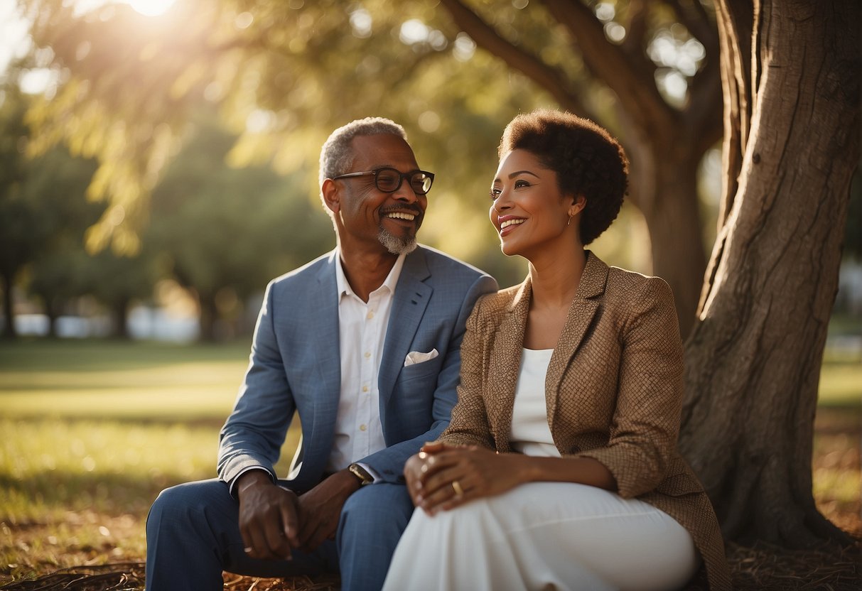A serene African American couple sits under a tree, surrounded by symbols of financial independence and early retirement. The sun shines down on them as they enjoy the peace and freedom of their FIRE lifestyle