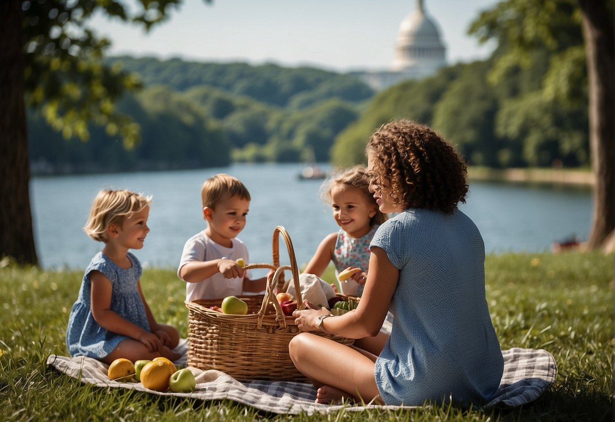 Families picnic, play, and boat along the Potomac River with iconic landmarks in the background