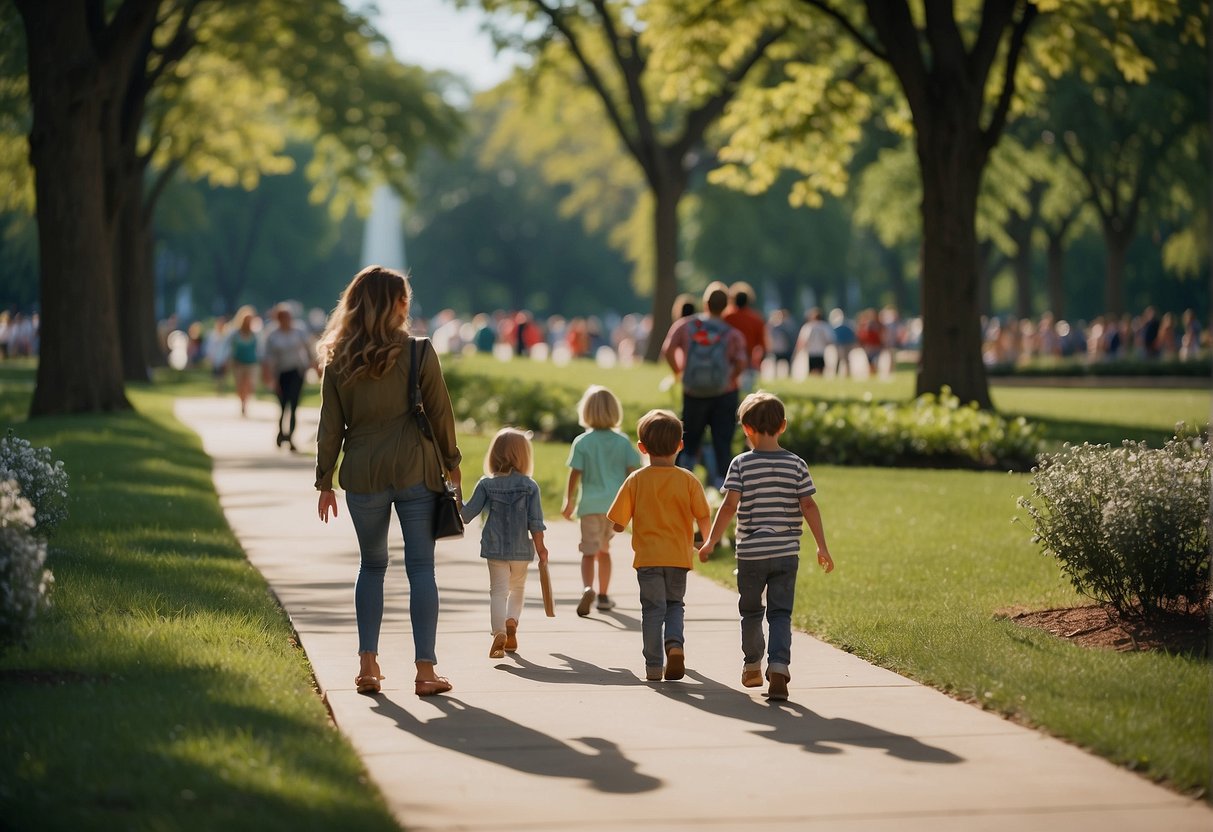 Families explore the National Mall, visiting iconic monuments and museums. Children engage in interactive exhibits and play in the open green spaces