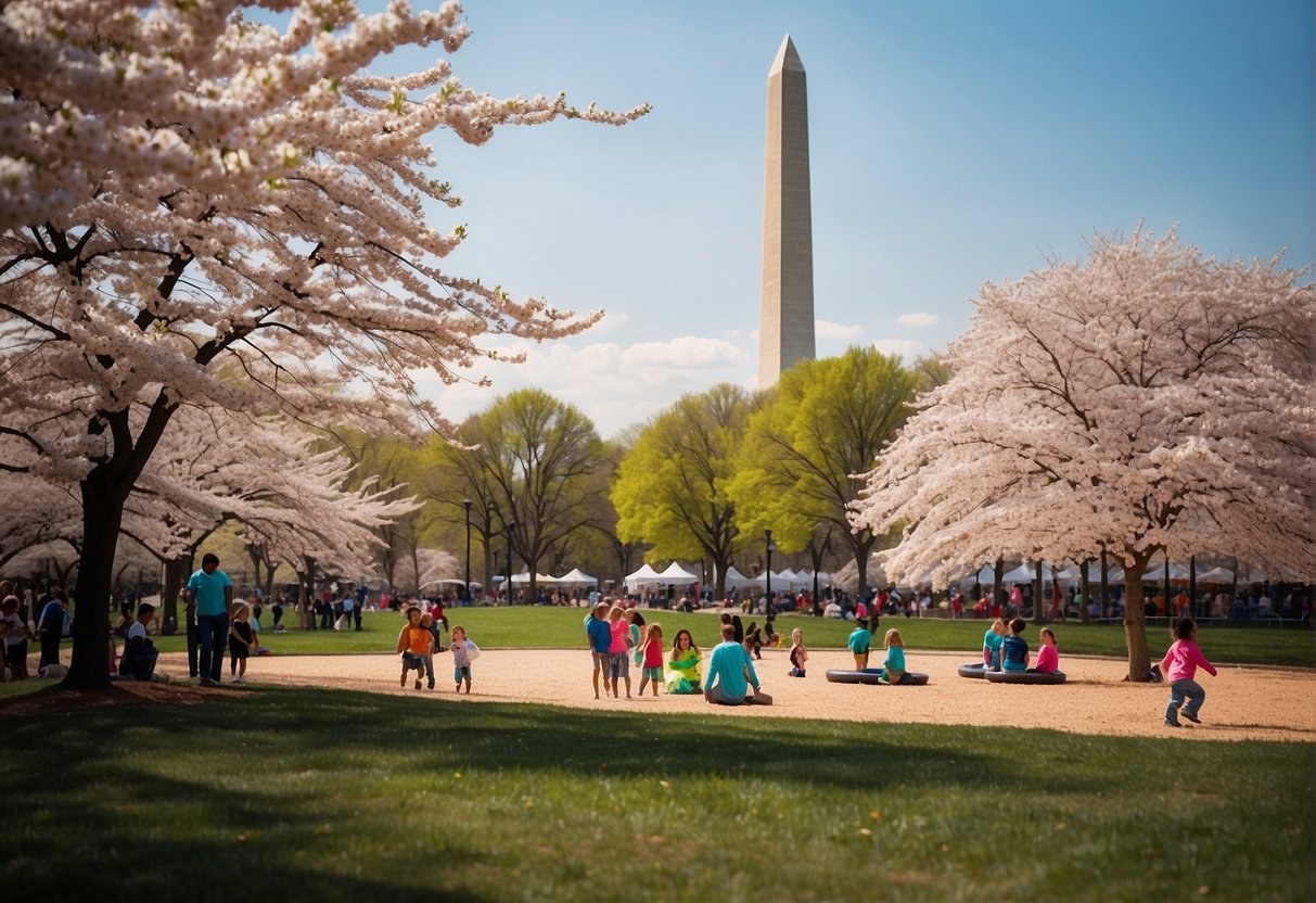 Children playing in a colorful playground with a backdrop of iconic DC landmarks like the Washington Monument and Capitol Building, surrounded by blooming cherry blossom trees and families enjoying outdoor picnics