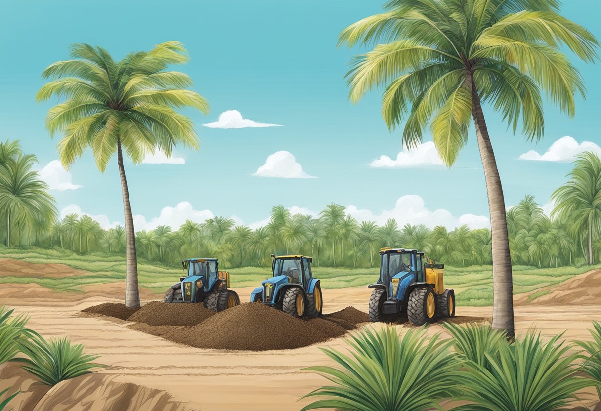 Palm trees being planted in Missouri soil, surrounded by greenery and under a clear blue sky