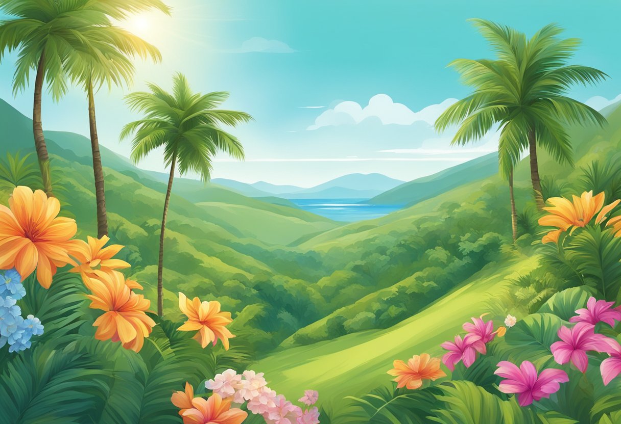 Palm trees sway in the gentle breeze, surrounded by lush greenery and vibrant flowers, against a backdrop of rolling hills and a clear blue sky