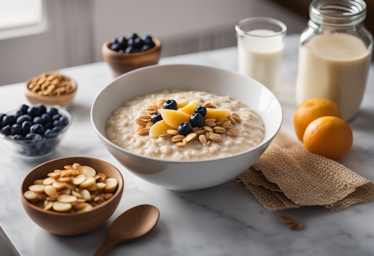 A bowl of overnight porridge sits on a kitchen counter, surrounded by ingredients like oats, milk, and fruit. A recipe book is open to a page with five different variations of overnight porridge