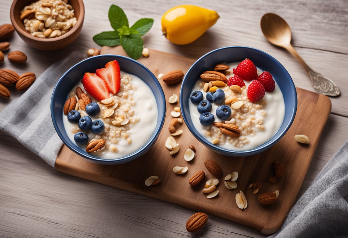 A bowl of overnight porridge sits on a wooden table, surrounded by ingredients like oats, milk, fruit, and nuts. A spoon rests beside the bowl, ready to be used