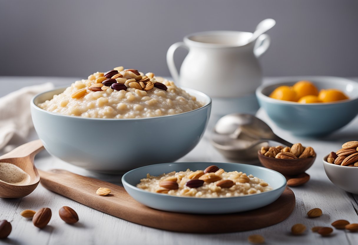 A bowl of overnight porridge sits on a wooden table, surrounded by ingredients like oats, fruits, and nuts. A spoon is placed next to the bowl, ready to be used