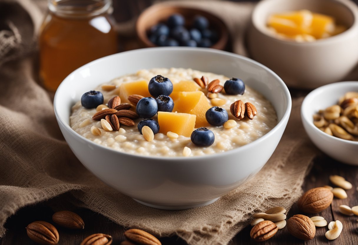 A bowl of overnight porridge sits on a rustic wooden table, surrounded by ingredients like oats, fruits, nuts, and honey. A spoon rests on the side, ready to be used
