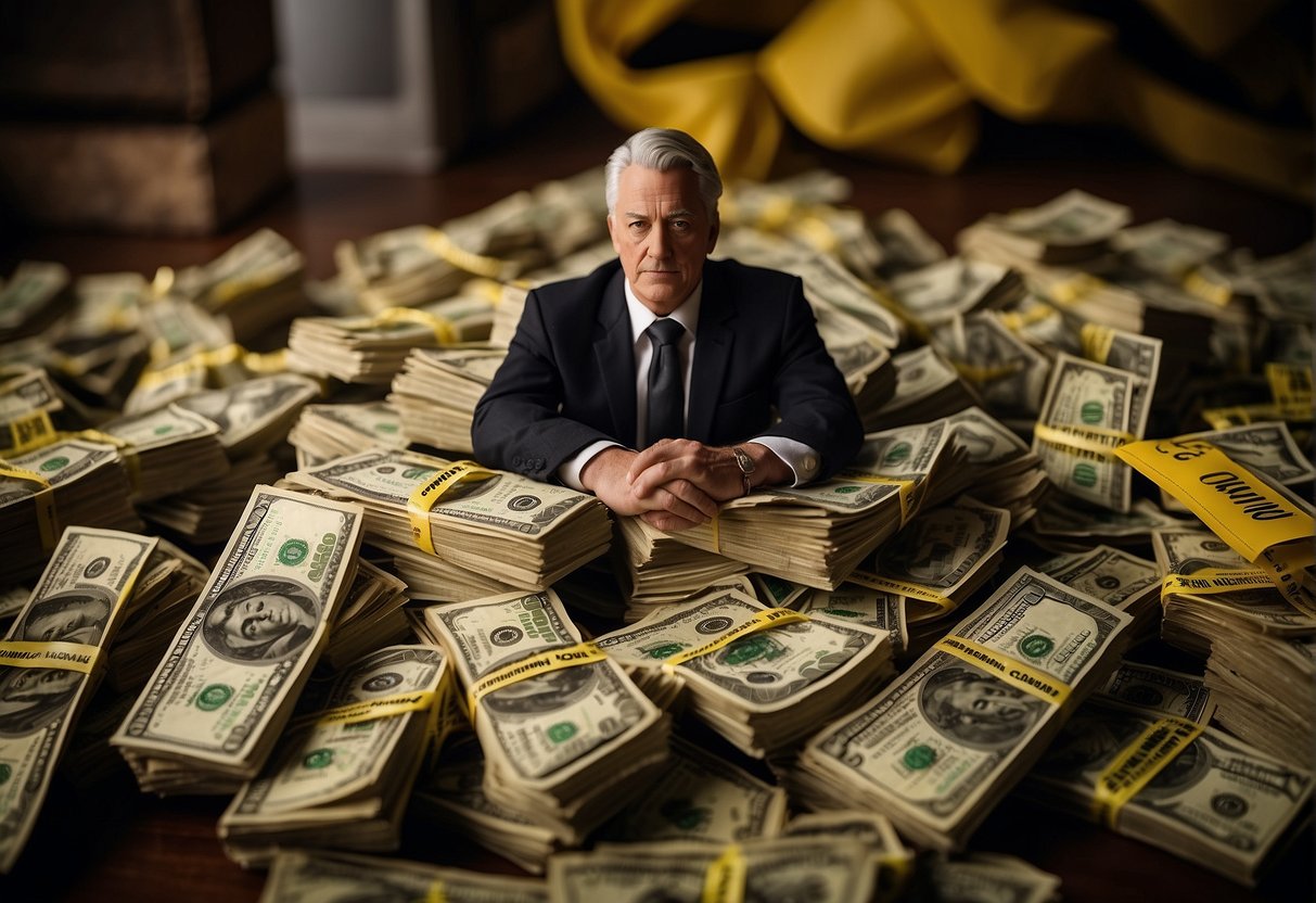 A pile of money with a golden IRA label surrounded by warning signs and caution tape. A shadowy figure lurks in the background