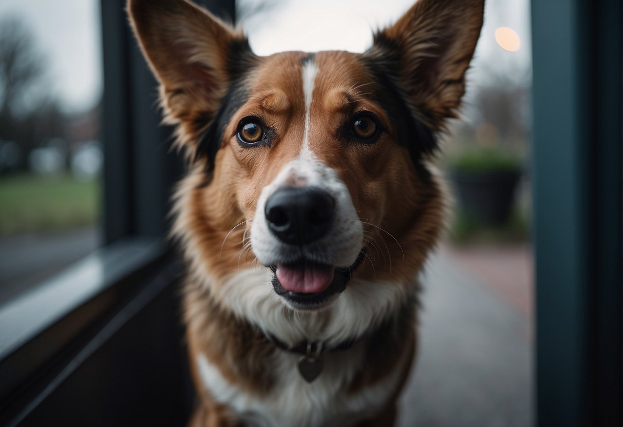 A dog cowers at the threshold, ears flattened and tail tucked, as darkness looms outside