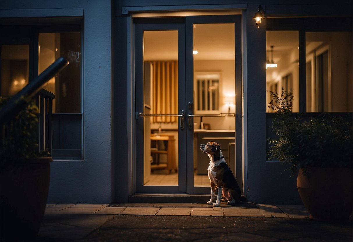 dog suddenly afraid to go outside at night - A dog cowers at the door, hesitant to go outside at night. Its body language shows fear and discomfort, highlighting the importance of proper socialization for dogs