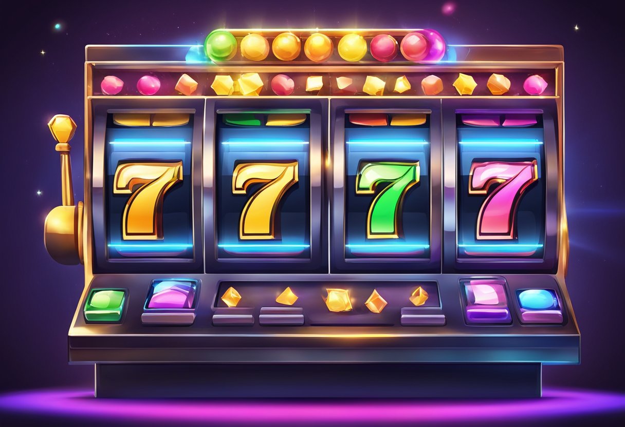 A bright, colorful slot machine with 7 tips displayed on the screen, surrounded by excited players and flashing lights