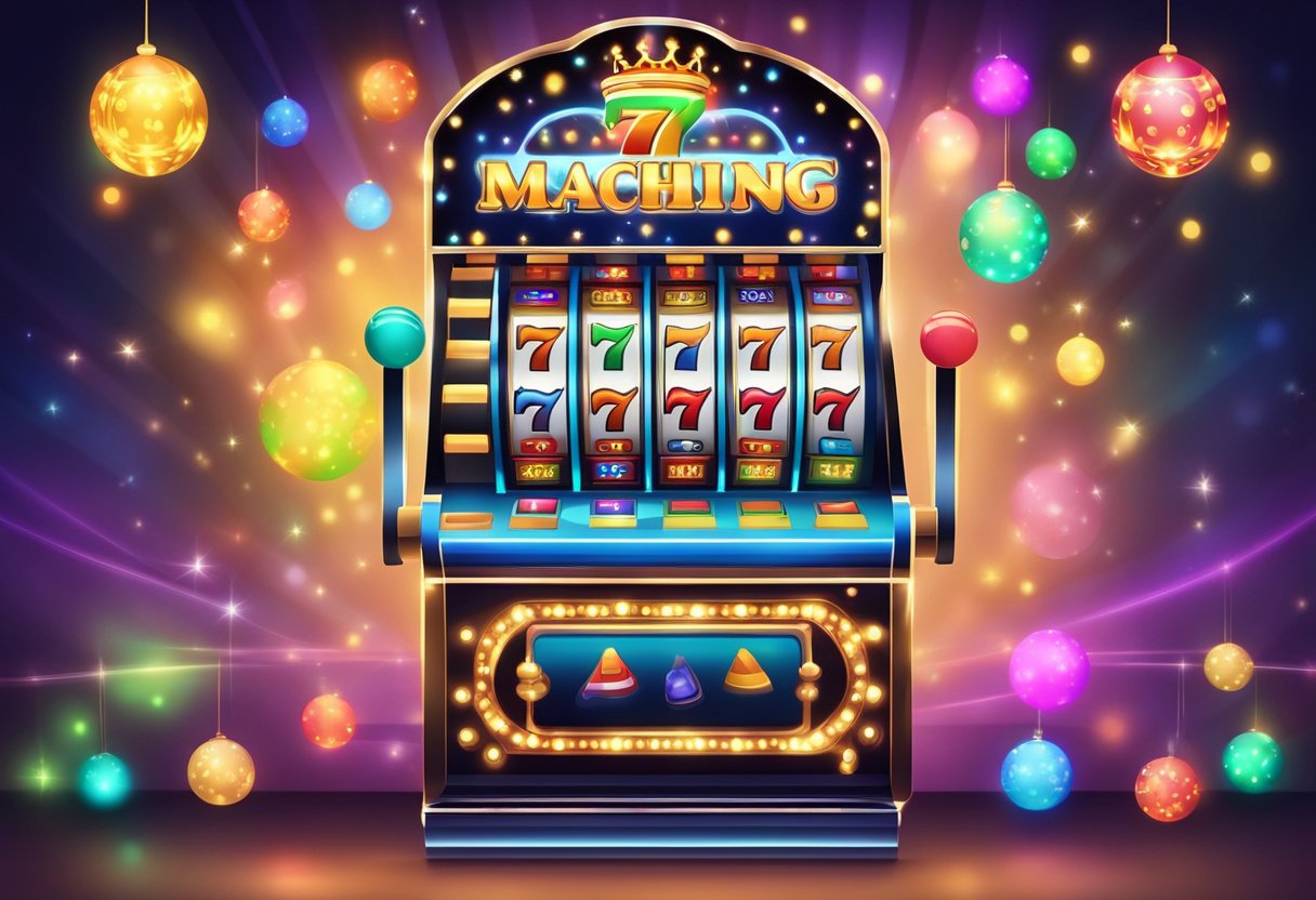 A slot machine with 7 winning patterns highlighted, surrounded by glowing lights and a festive atmosphere