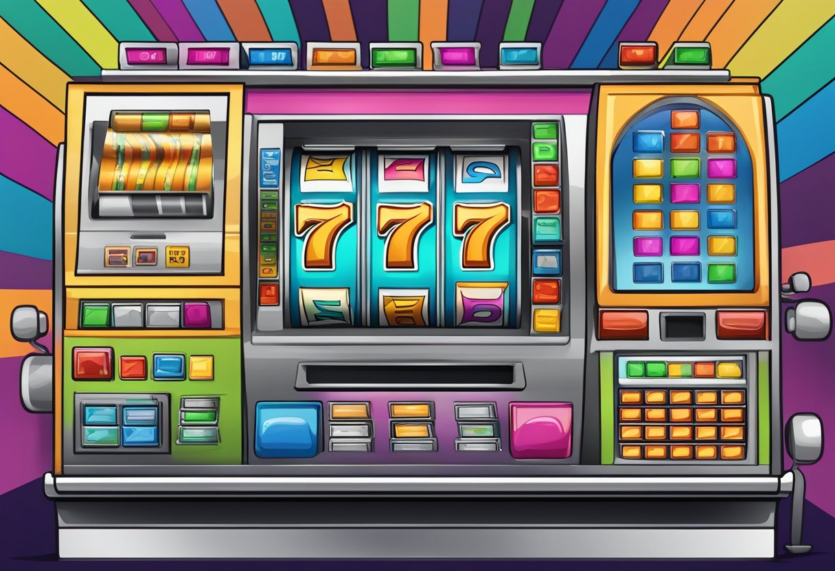 A colorful online slot machine surrounded by FAQ text and 7 tips for winning, creating a lively and engaging scene for an illustrator to recreate