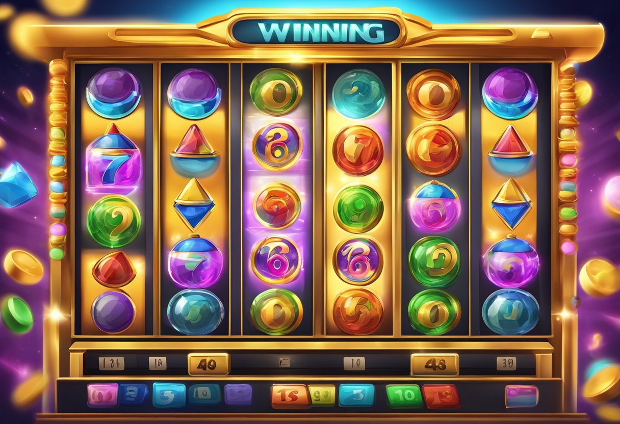A colorful online slot machine with 7 tips displayed for winning patterns
