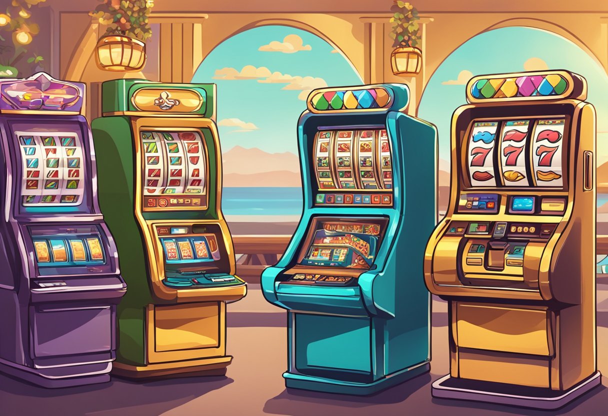 A serene and joyful setting with 7 slot machines in an online casino, showcasing the best tips for winning patterns