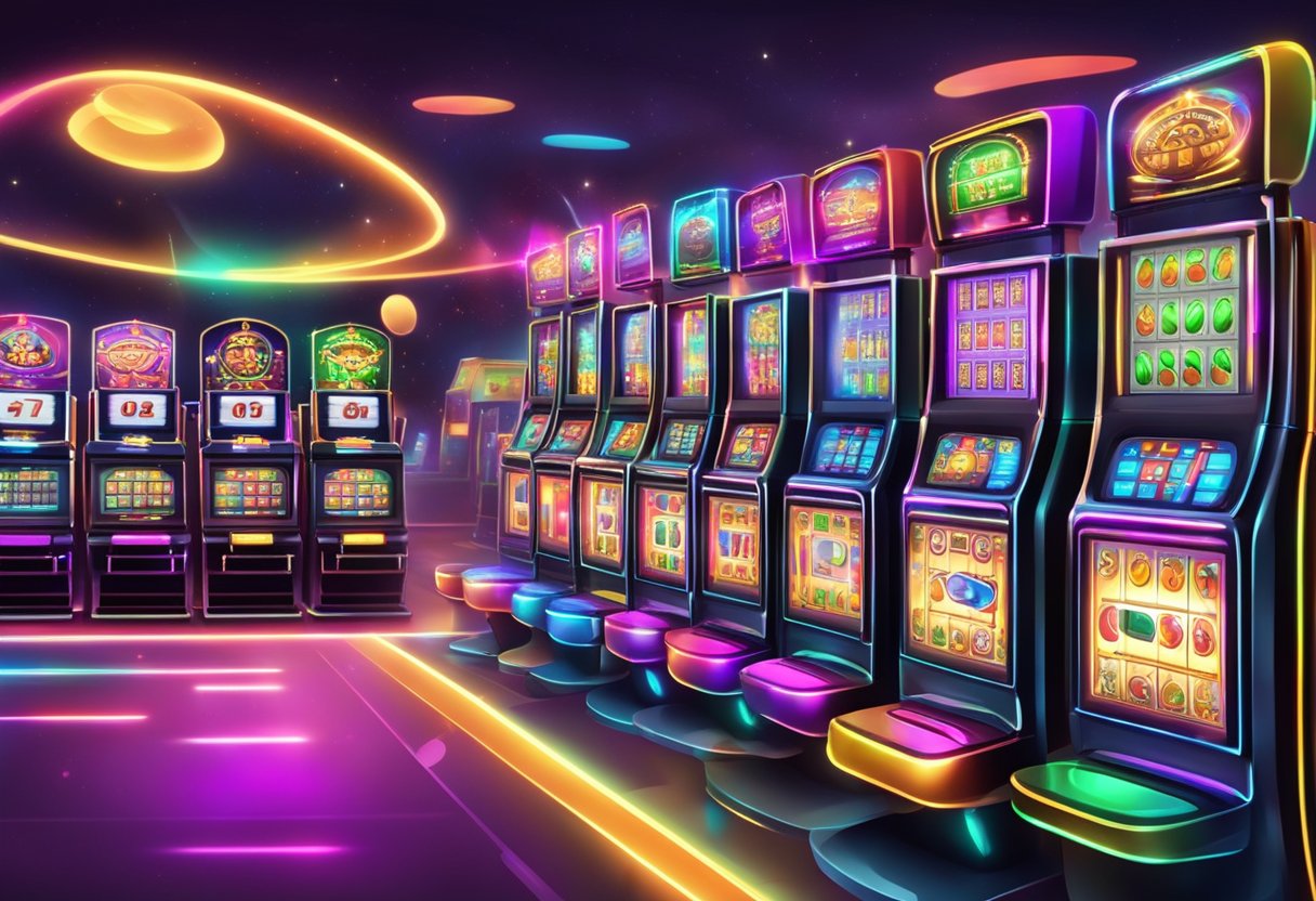 A colorful array of online slot machines with glowing screens and spinning reels, surrounded by excited players and flashing lights