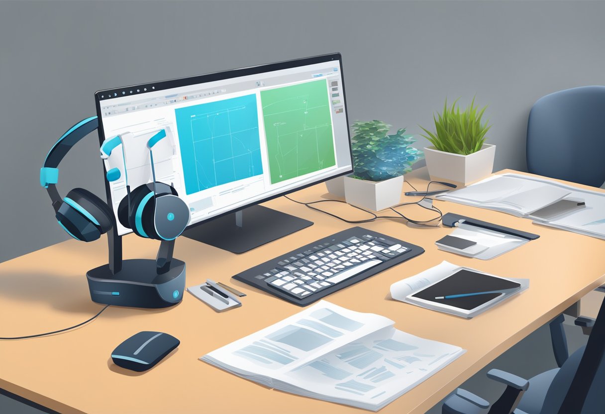 An office desk with a computer, headset, and AI-related documents. A virtual meeting in progress on the computer screen