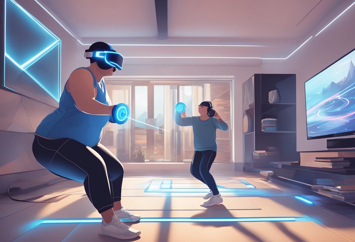 A person playing Beat Saber in virtual reality, losing weight while immersed in the game