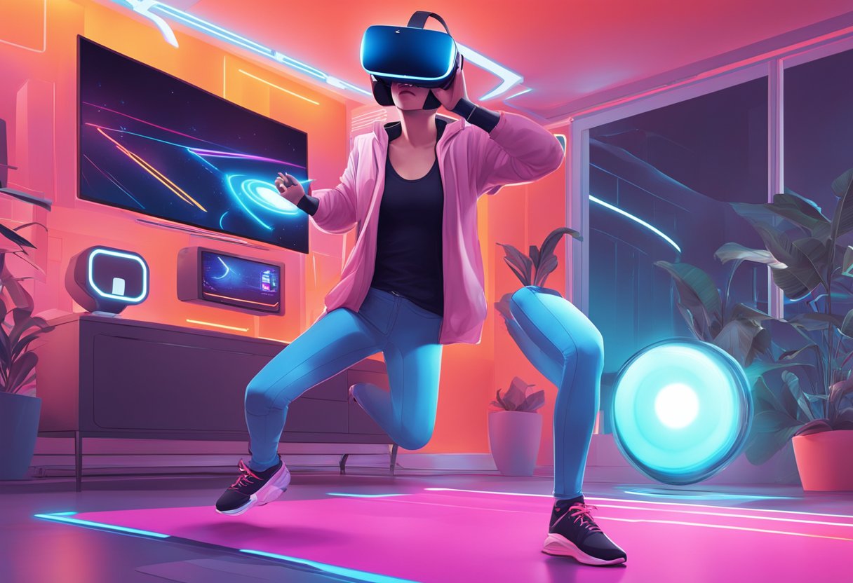 A person playing VR Beat Saber, losing weight while immersed in futuristic surroundings