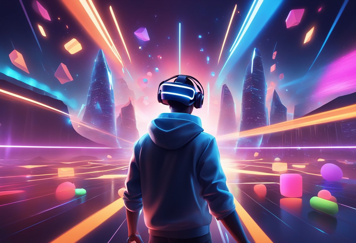 A person playing Beat Saber in VR, surrounded by colorful lights and futuristic scenery, with a focus on the intensity and energy of the game