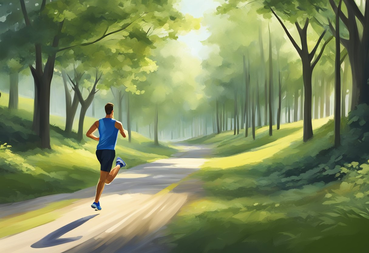 A runner on a path, surrounded by trees and nature, with a clear path ahead leading to a finish line or race marker