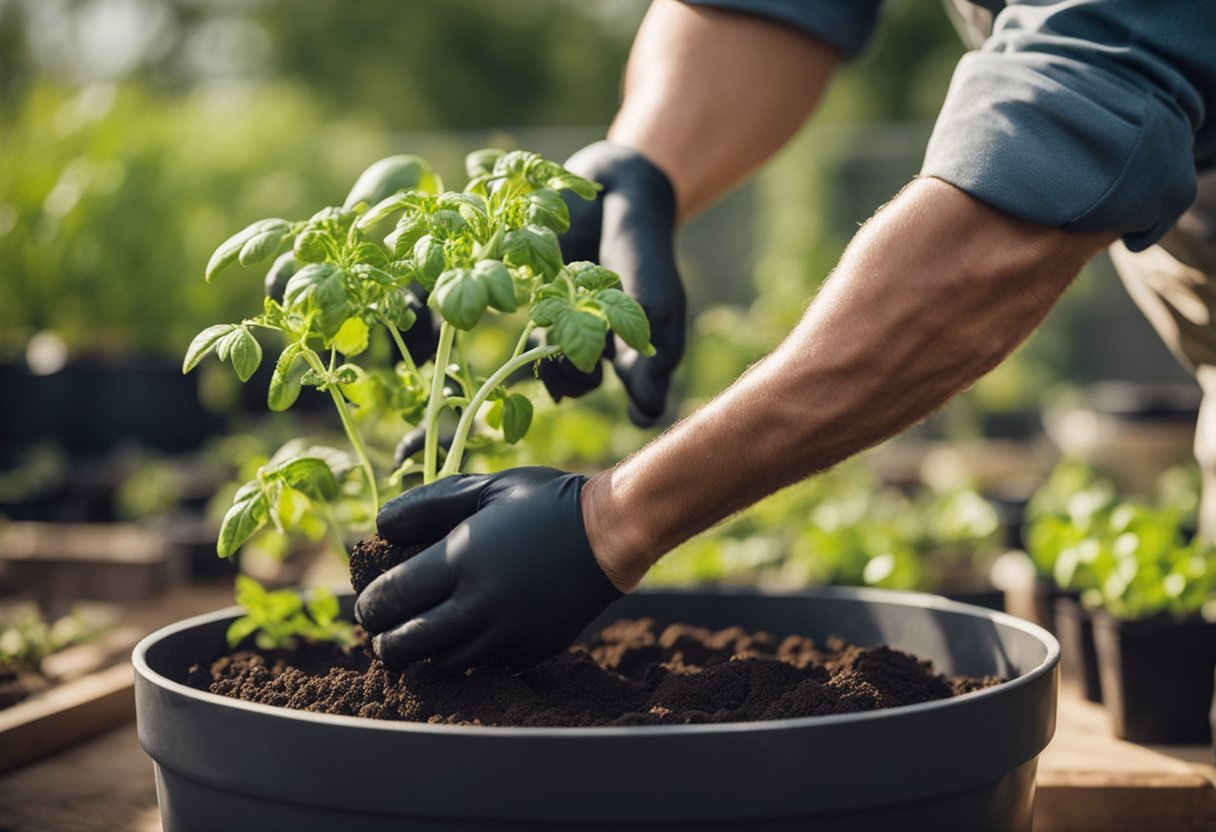 A gardener selects a large, sturdy pot and fills it with nutrient-rich soil, preparing to plant healthy tomato seedlings