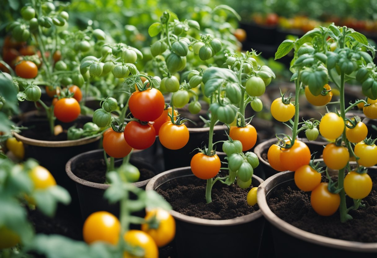 Healthy tomato plants in pots with well-draining soil, receiving optimal watering and sunlight