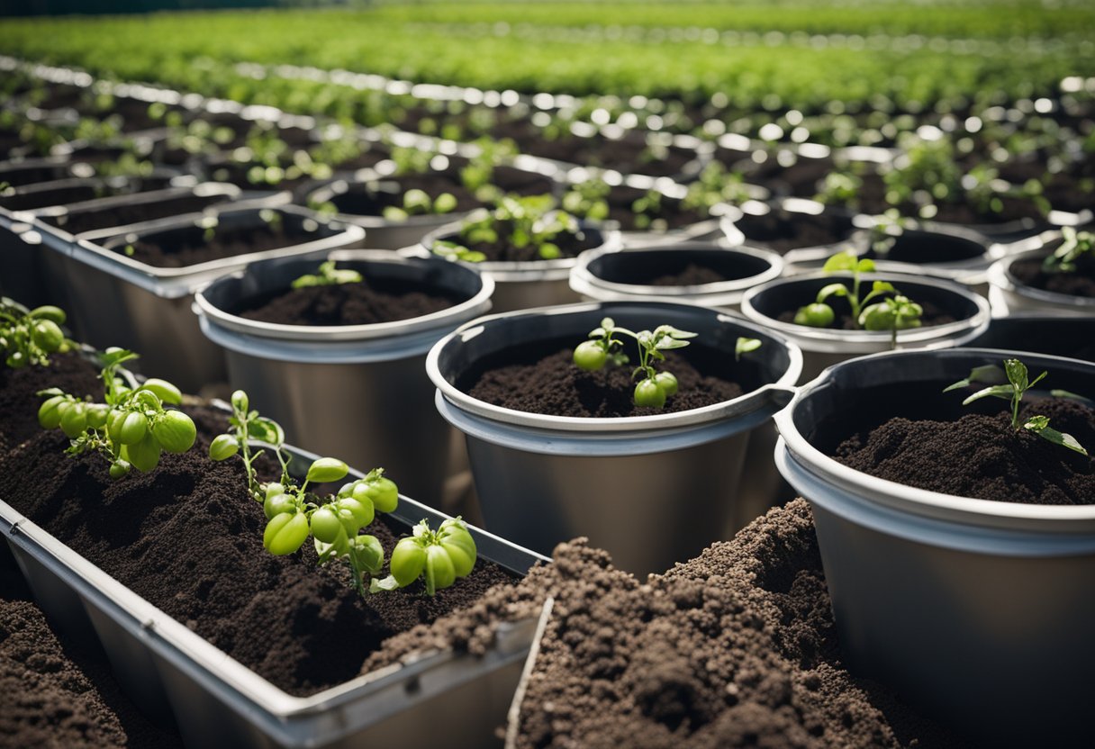 Rich, dark soil fills a row of large pots. Fertilizer and nutrient management supplies sit nearby. Lush tomato plants thrive in the nutrient-rich environment