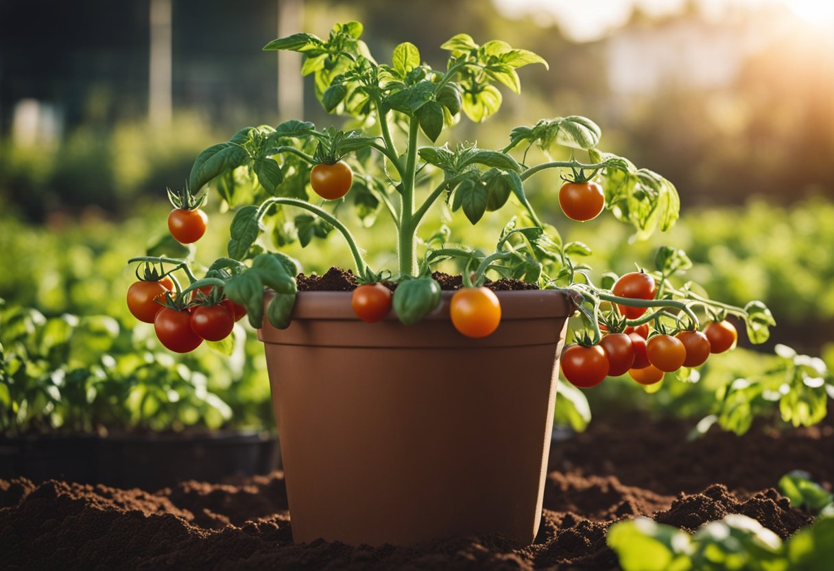 Tomato plant in a large pot with rich, well-draining soil. Bright sunlight and ample water. Surrounding area is clean and organized
