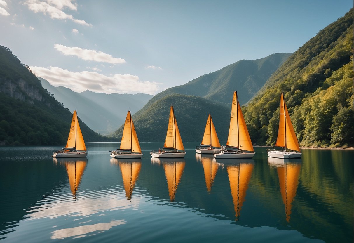 Several arkos boats sailing across a calm, reflective lake with a backdrop of lush green mountains and a clear blue sky