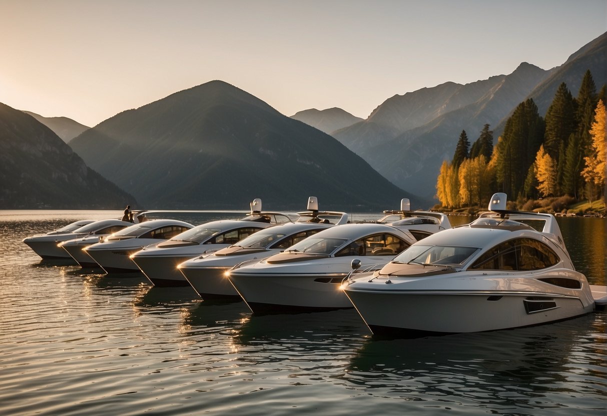 A fleet of Arkos boats, varying in size and design, line the shores of a tranquil lake. The sun sets behind the mountains, casting a warm glow on the water and reflecting off the sleek, modern vessels
