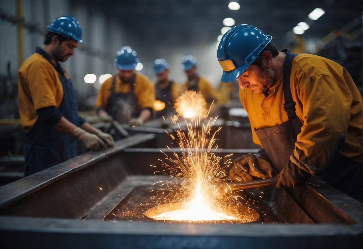 Molten metal poured into boat mold. Workers oversee machinery. Finished boats moved along assembly line
