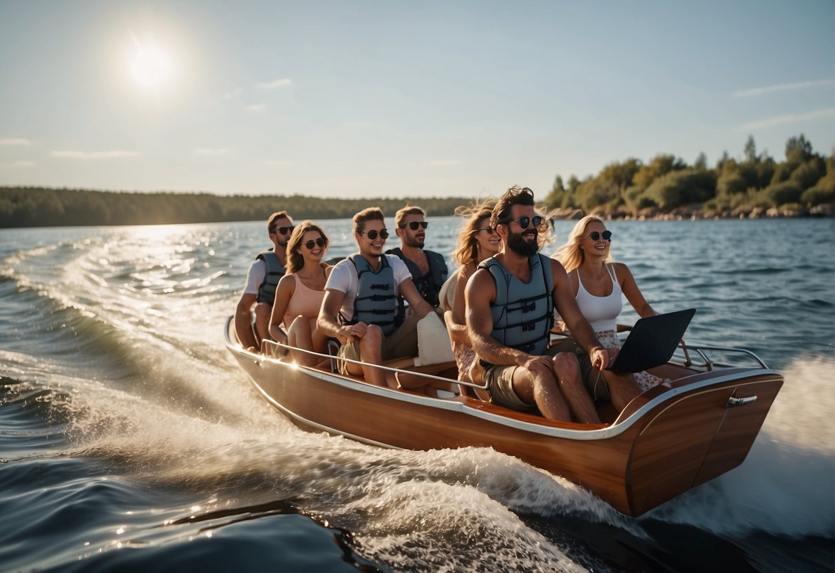 A group of people enjoy a smooth ride on Arkos boats, feeling the wind in their hair and the sun on their faces as they cruise along the water