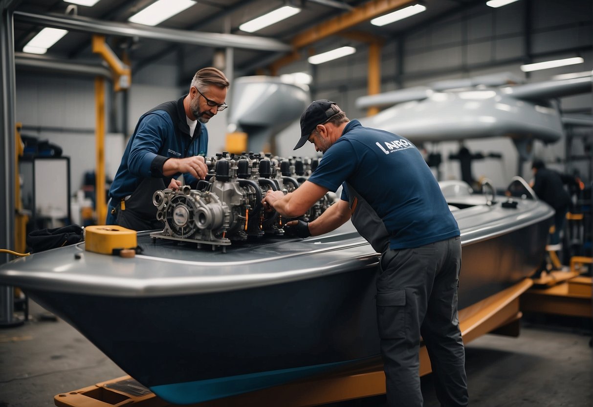 A technician carefully checks the engine of an Arkos boat, while another worker polishes the hull to a gleaming finish