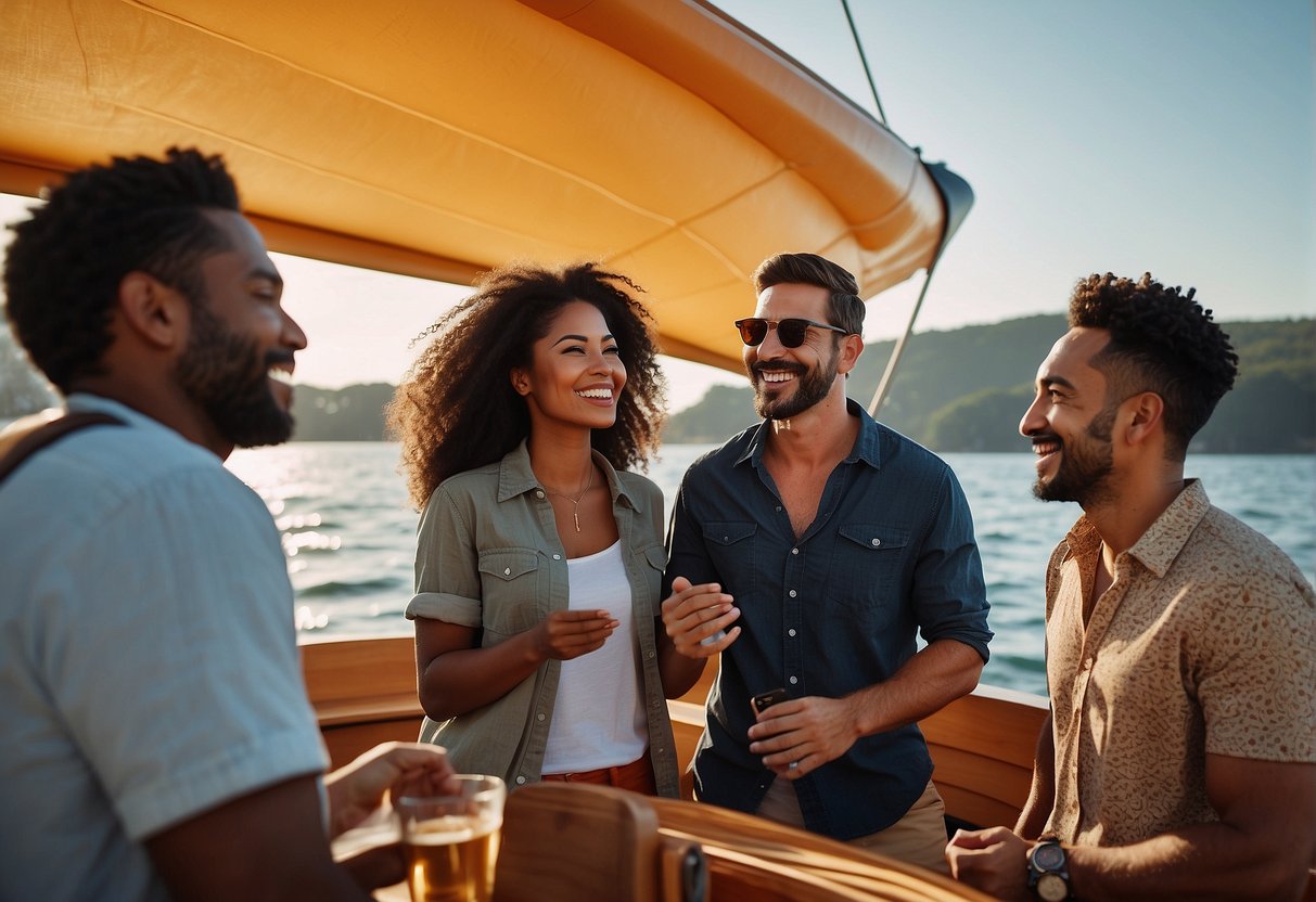A group of diverse people gather around a vibrant Arkos boat, smiling and conversing. A few individuals are seen engaging with the boat's features, while others are sharing their experiences with the brand
