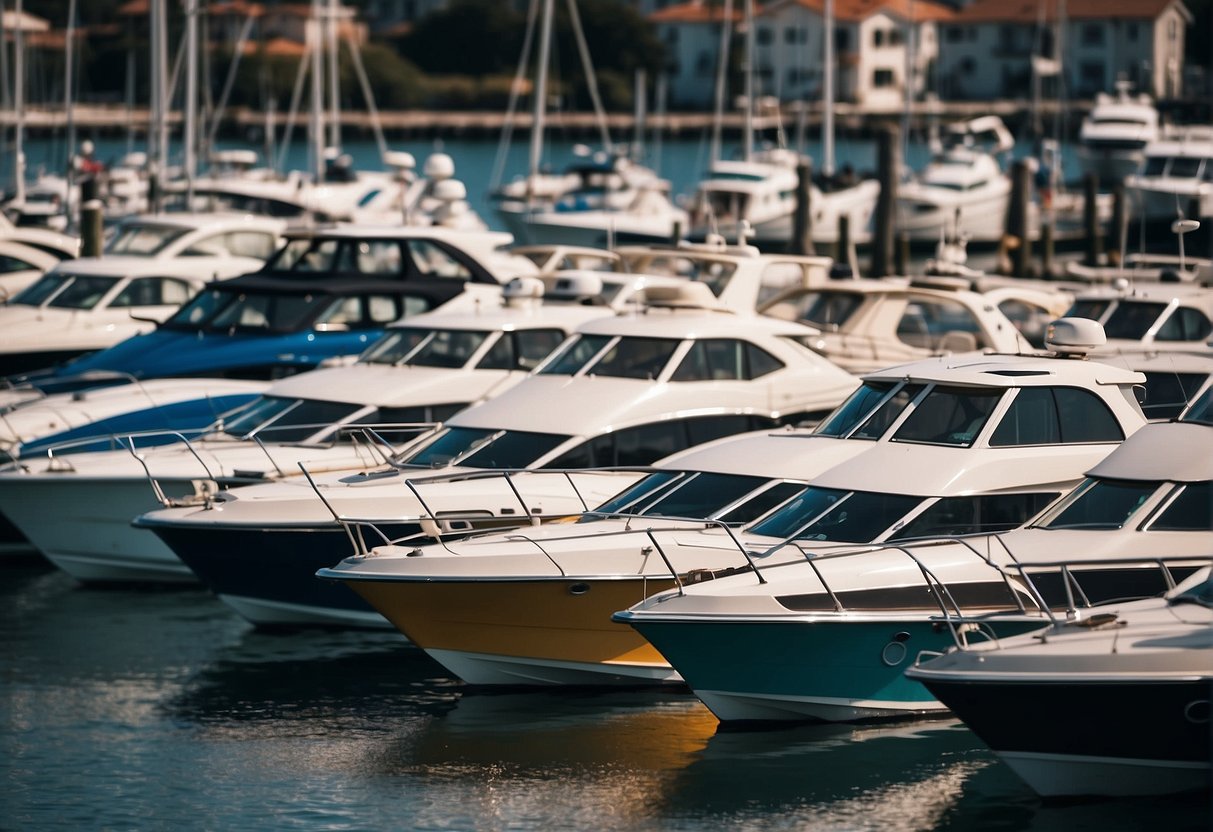 A bustling marina with Arkos boats lined up for display and sale, surrounded by eager customers and busy staff