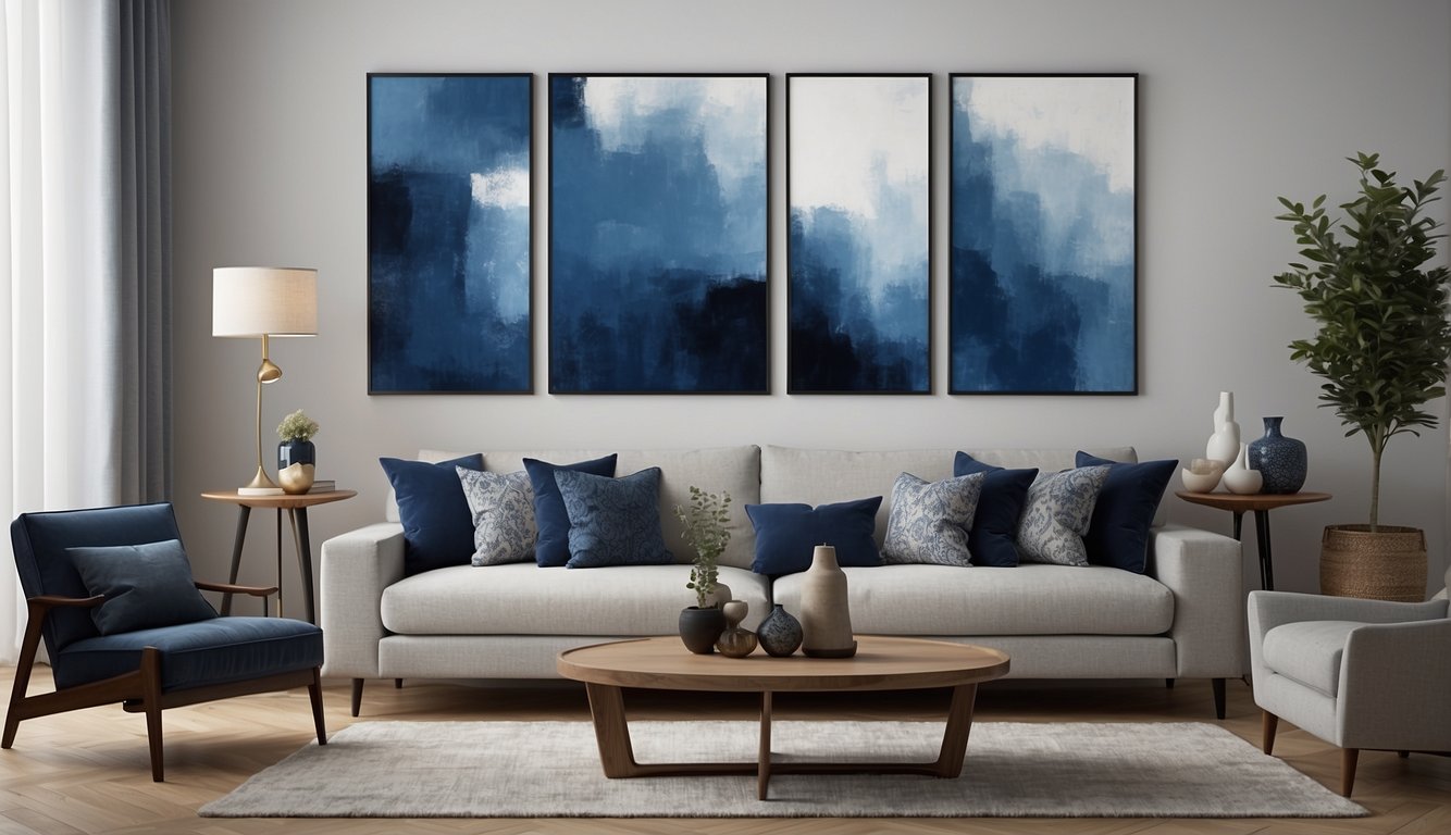 A cozy living room with a white sofa and navy blue accent pillows. A gallery wall of abstract blue paintings hangs above a wooden console table