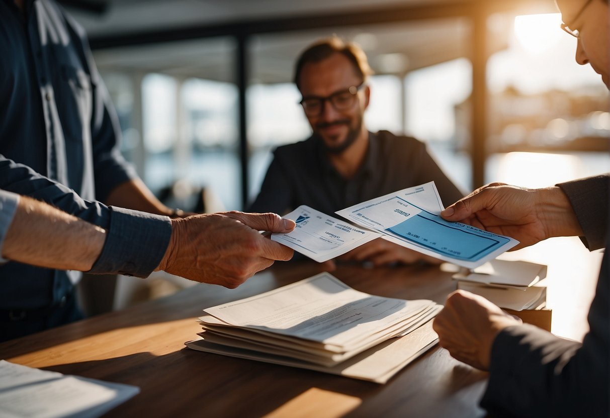 A customer hands over payment for an Arkos boat while a salesperson holds the ownership paperwork