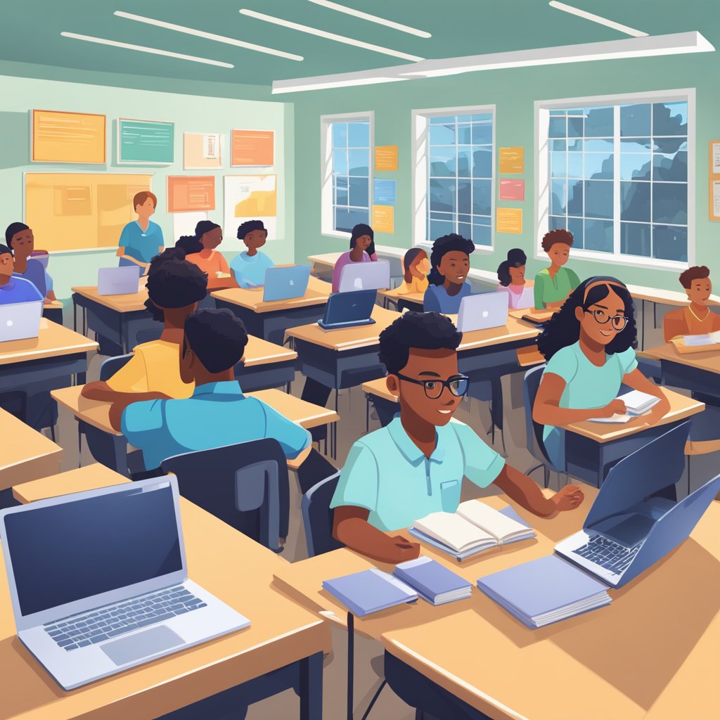 Fies Estudantil: O Que é e Como Funciona 2 A classroom with students studying, books and laptops on desks, and a teacher explaining the Fies student loan program