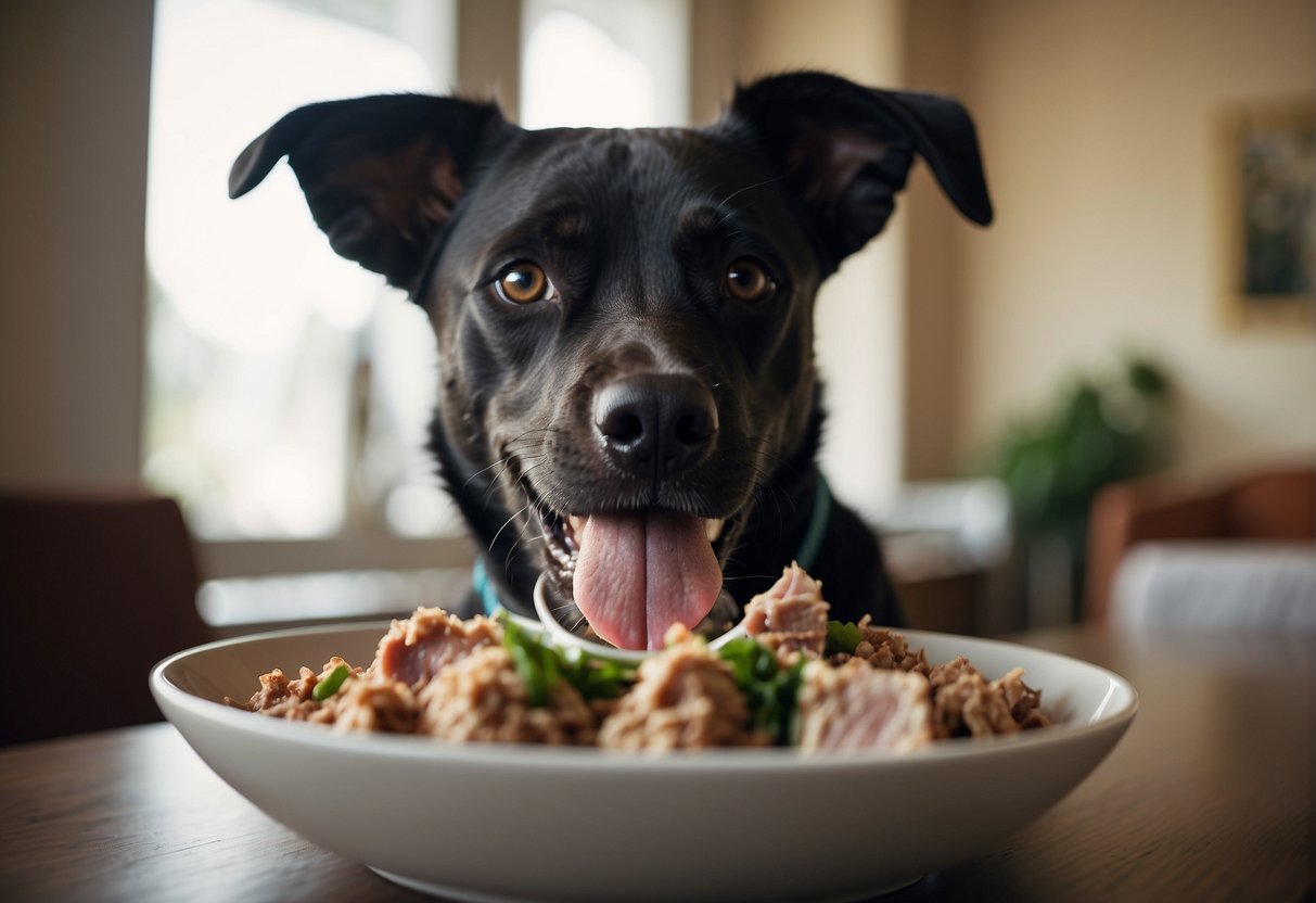 A dog eagerly eats a bowl of tuna, tail wagging