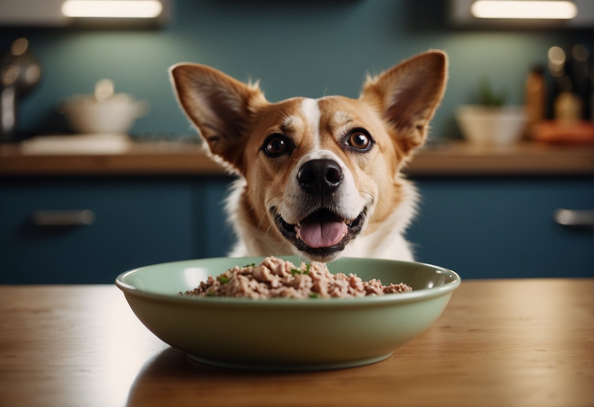 A dog eagerly approaches a bowl of tuna. A warning sign with crossed out tuna and a red exclamation mark is displayed nearby